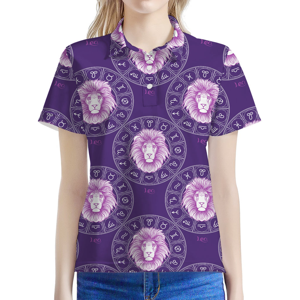 Purple Leo Zodiac Pattern Print Women's Polo Shirt