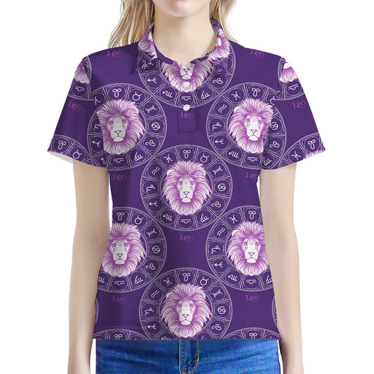Purple Leo Zodiac Pattern Print Women's Polo Shirt