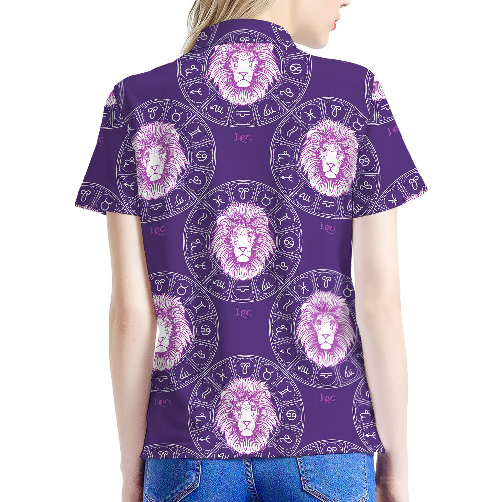 Purple Leo Zodiac Pattern Print Women's Polo Shirt