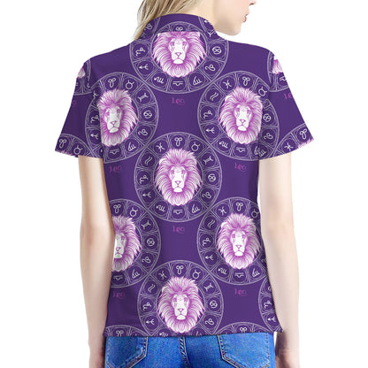 Purple Leo Zodiac Pattern Print Women's Polo Shirt