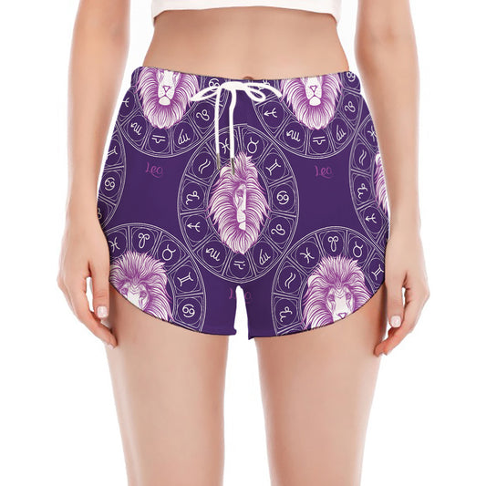 Purple Leo Zodiac Pattern Print Women's Split Running Shorts