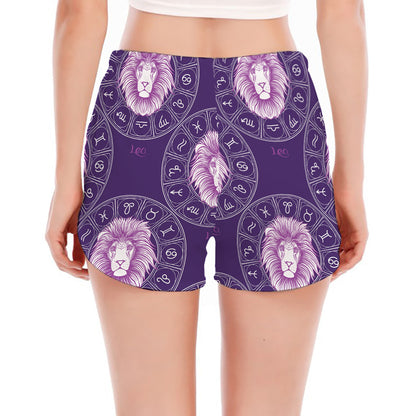 Purple Leo Zodiac Pattern Print Women's Split Running Shorts