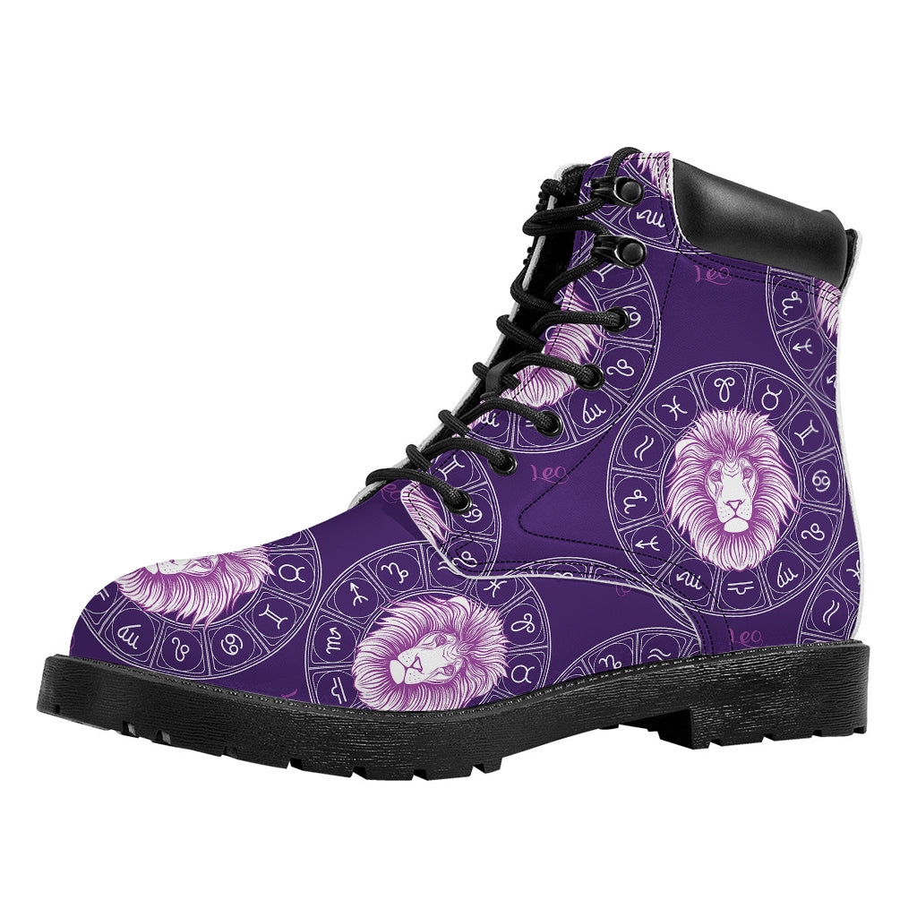 Purple Leo Zodiac Pattern Print Work Boots