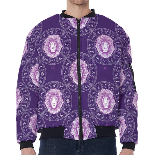 Purple Leo Zodiac Pattern Print Zip Sleeve Bomber Jacket