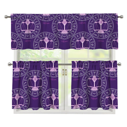 Purple Libra Zodiac Pattern Print 3 Piece Kitchen Curtains