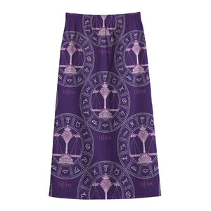 Purple Libra Zodiac Pattern Print Cotton Front Slit Maxi Skirt