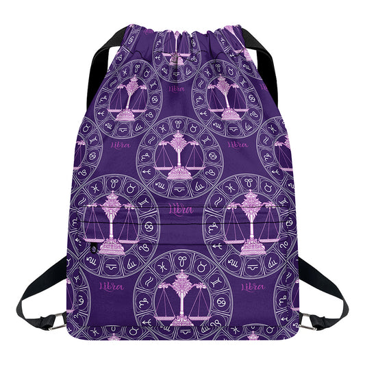 Purple Libra Zodiac Pattern Print Drawstring Backpack