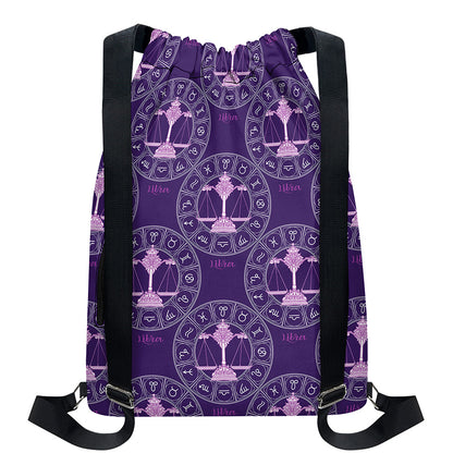 Purple Libra Zodiac Pattern Print Drawstring Backpack