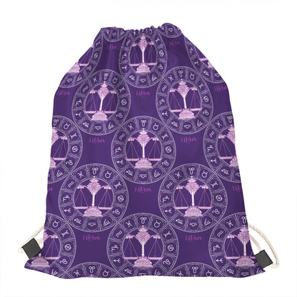Purple Libra Zodiac Pattern Print Drawstring Bag