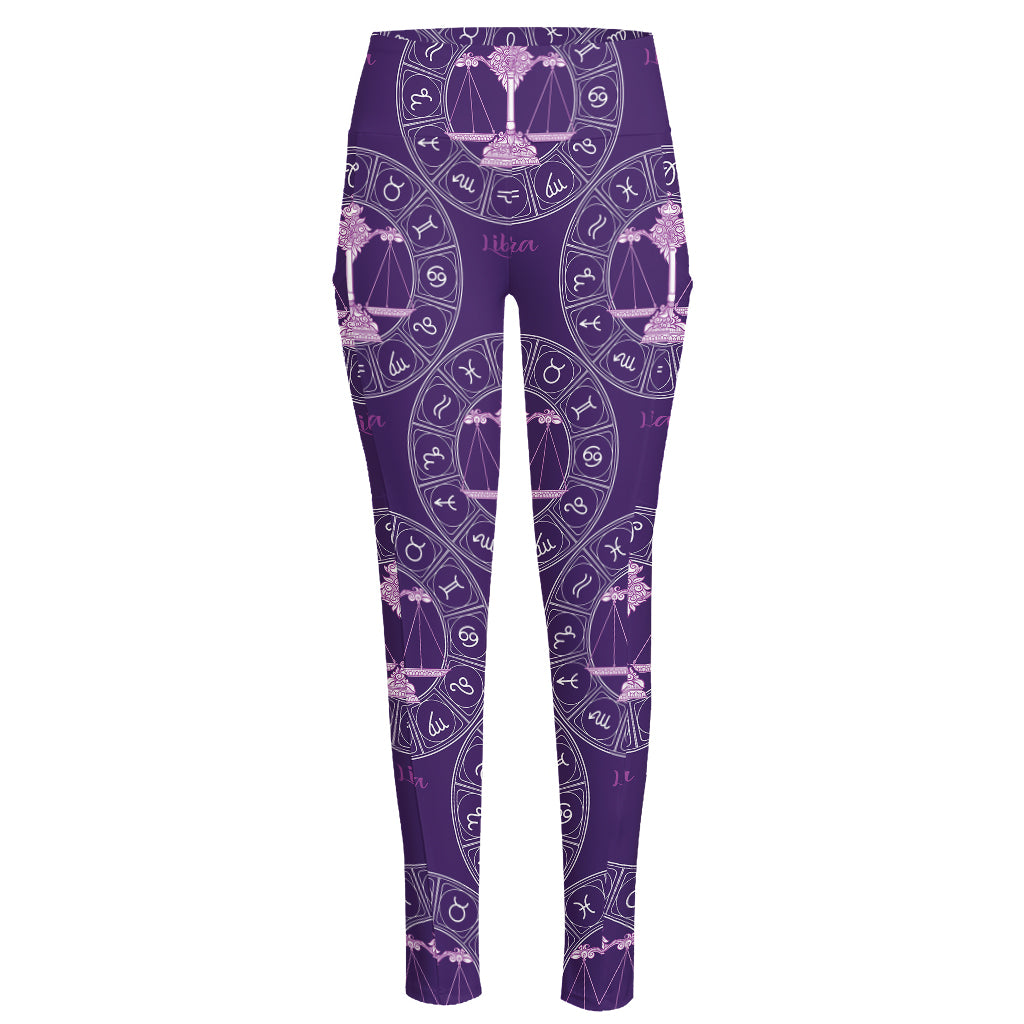 Purple Libra Zodiac Pattern Print High-Waisted Pocket Leggings