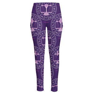 Purple Libra Zodiac Pattern Print High-Waisted Pocket Leggings