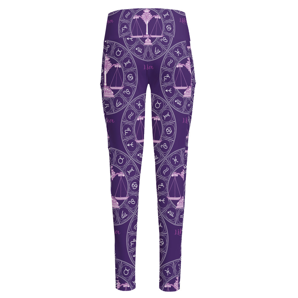 Purple Libra Zodiac Pattern Print High-Waisted Pocket Leggings