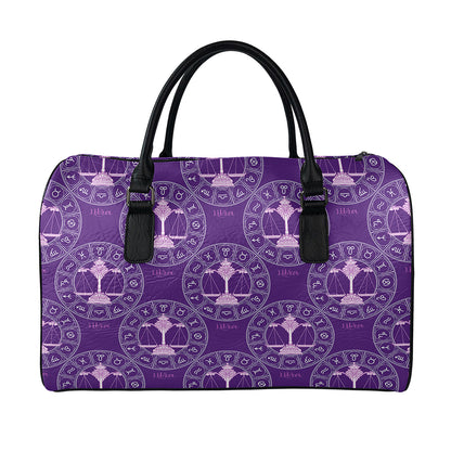 Purple Libra Zodiac Pattern Print Leather Duffle Bag
