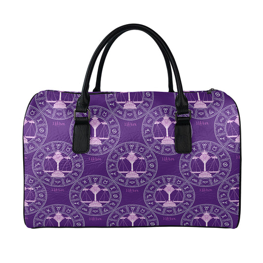 Purple Libra Zodiac Pattern Print Leather Duffle Bag