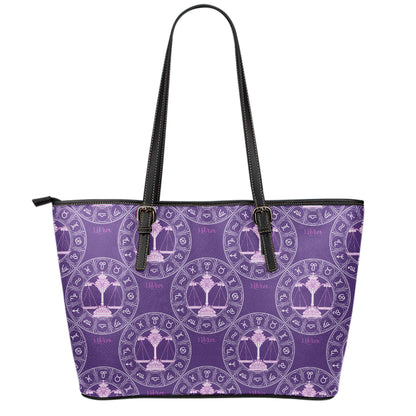 Purple Libra Zodiac Pattern Print Leather Tote Bag