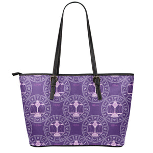 Purple Libra Zodiac Pattern Print Leather Tote Bag