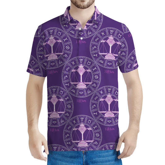 Purple Libra Zodiac Pattern Print Men's Polo Shirt