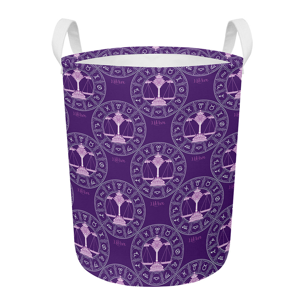 Purple Libra Zodiac Pattern Print Round Laundry Basket