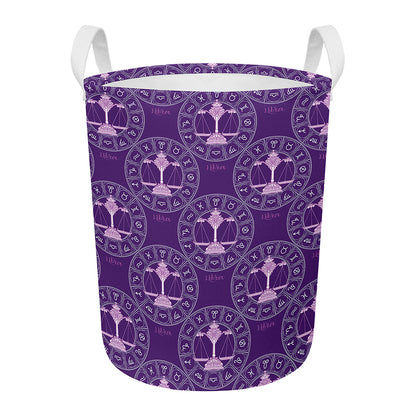 Purple Libra Zodiac Pattern Print Round Laundry Basket