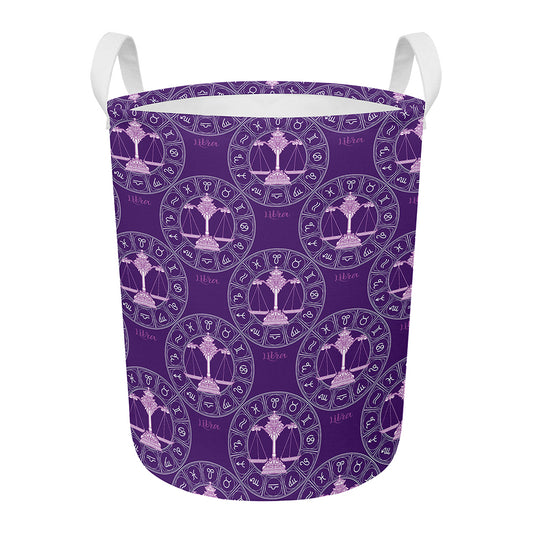 Purple Libra Zodiac Pattern Print Round Laundry Basket