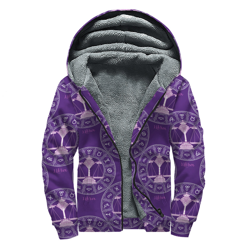 Purple Libra Zodiac Pattern Print Sherpa Lined Zip Up Hoodie