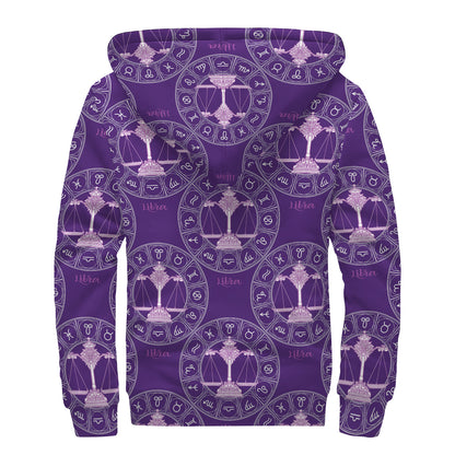 Purple Libra Zodiac Pattern Print Sherpa Lined Zip Up Hoodie