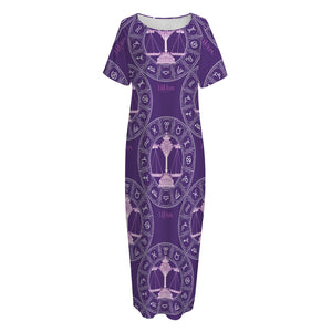 Purple Libra Zodiac Pattern Print Short Sleeve Long Nightdress