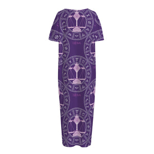 Purple Libra Zodiac Pattern Print Short Sleeve Long Nightdress