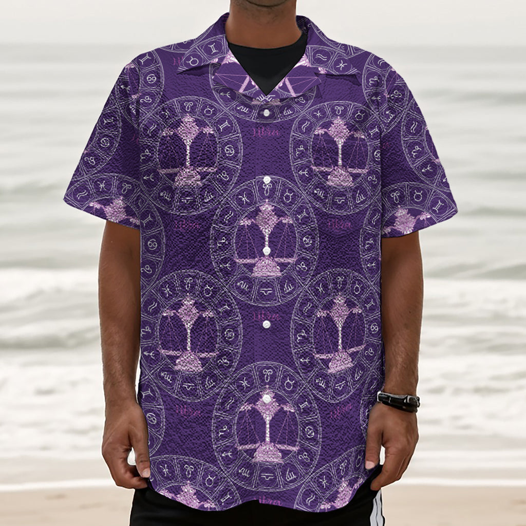 Purple Libra Zodiac Pattern Print Textured Short Sleeve Shirt