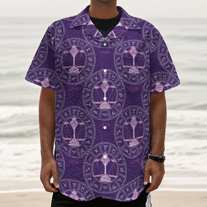 Purple Libra Zodiac Pattern Print Textured Short Sleeve Shirt