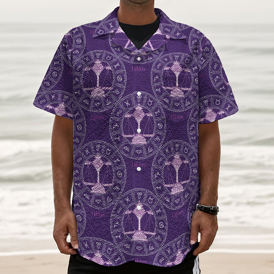 Purple Libra Zodiac Pattern Print Textured Short Sleeve Shirt
