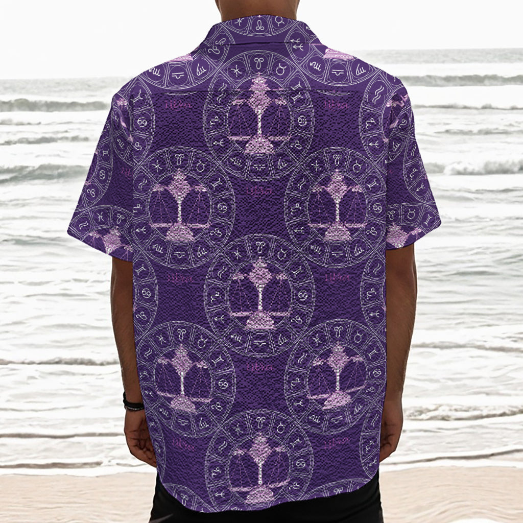 Purple Libra Zodiac Pattern Print Textured Short Sleeve Shirt