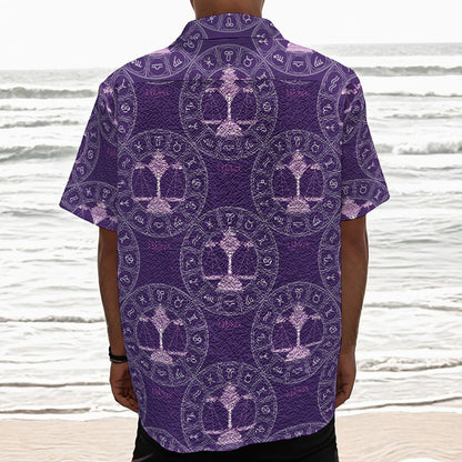 Purple Libra Zodiac Pattern Print Textured Short Sleeve Shirt
