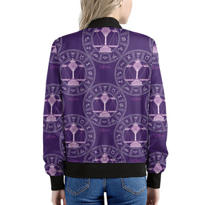 Purple Libra Zodiac Pattern Print Women's Bomber Jacket