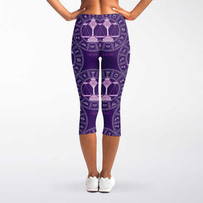 Purple Libra Zodiac Pattern Print Women's Capri Leggings