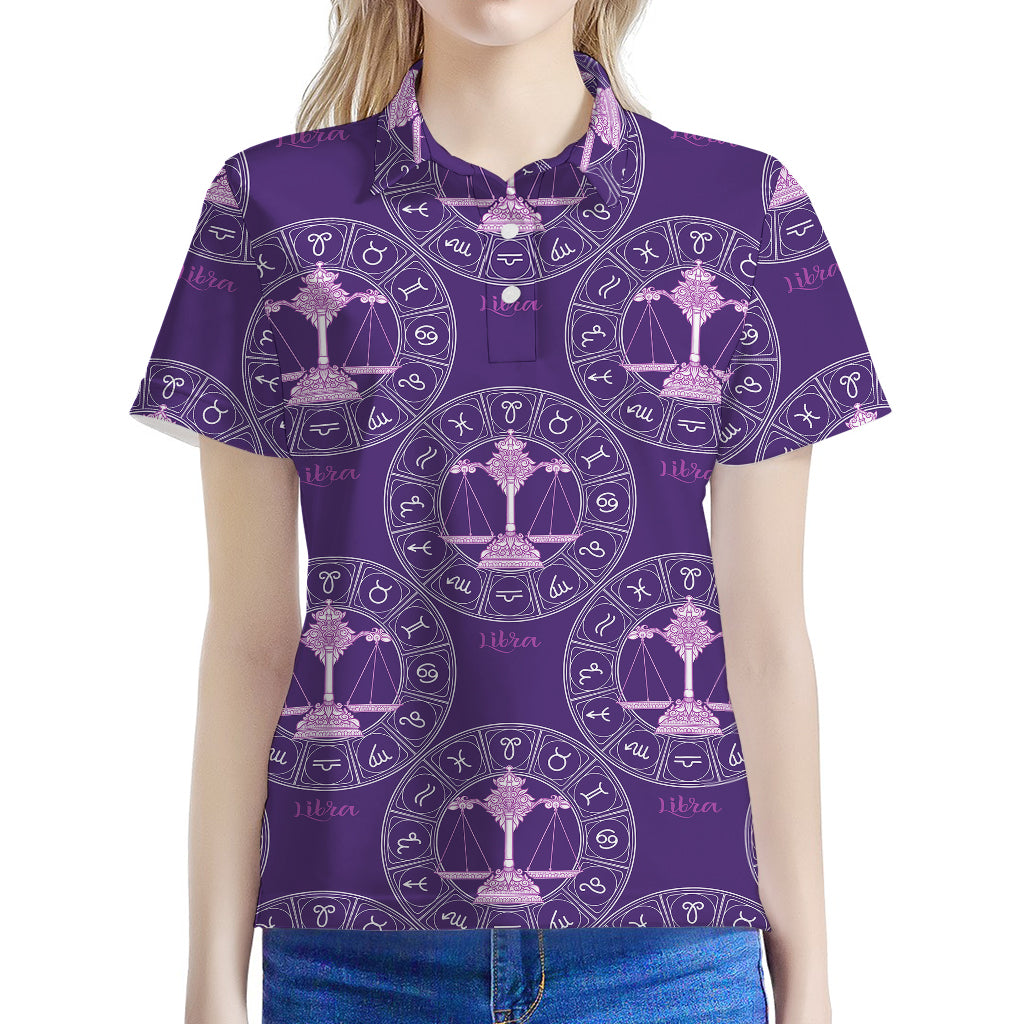 Purple Libra Zodiac Pattern Print Women's Polo Shirt