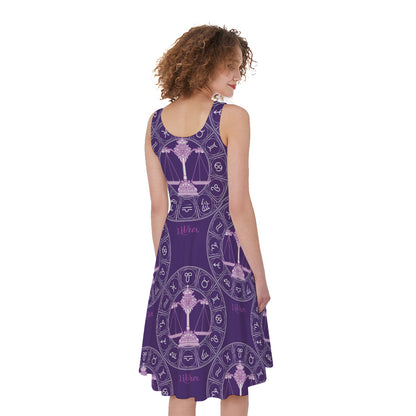 Purple Libra Zodiac Pattern Print Women's Sleeveless Dress