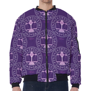 Purple Libra Zodiac Pattern Print Zip Sleeve Bomber Jacket