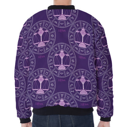 Purple Libra Zodiac Pattern Print Zip Sleeve Bomber Jacket