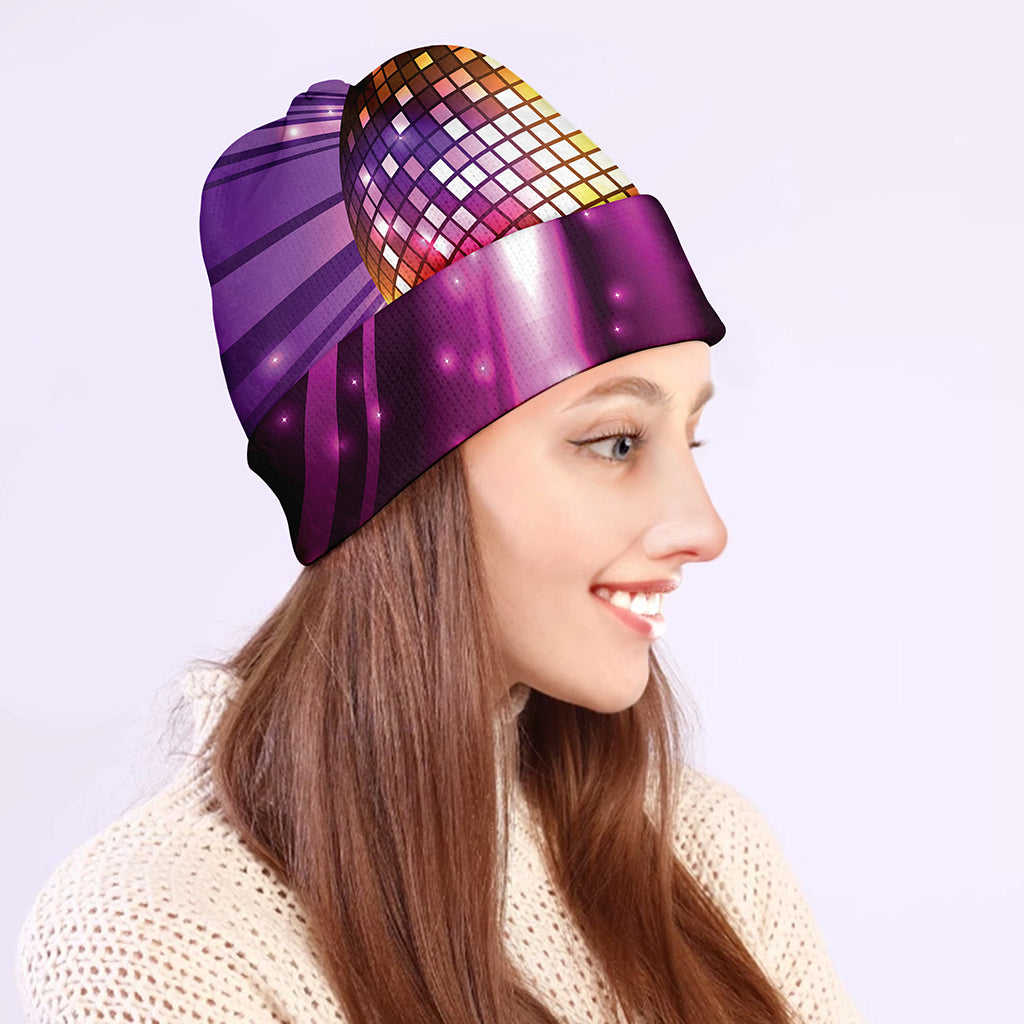 Purple Light Disco Ball Print Beanie