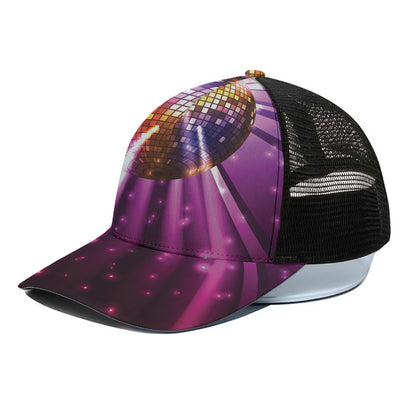 Purple Light Disco Ball Print Black Mesh Trucker Cap