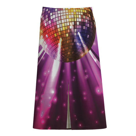 Purple Light Disco Ball Print Cotton Front Slit Maxi Skirt