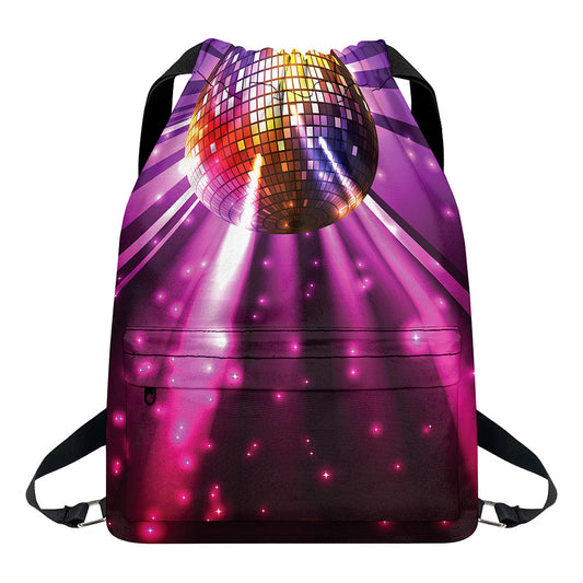 Purple Light Disco Ball Print Drawstring Backpack