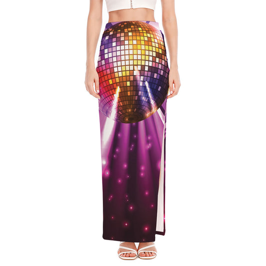 Purple Light Disco Ball Print High Slit Maxi Skirt