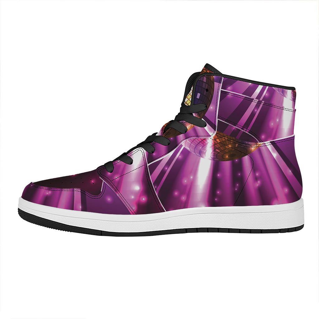 Purple Light Disco Ball Print High Top Leather Sneakers