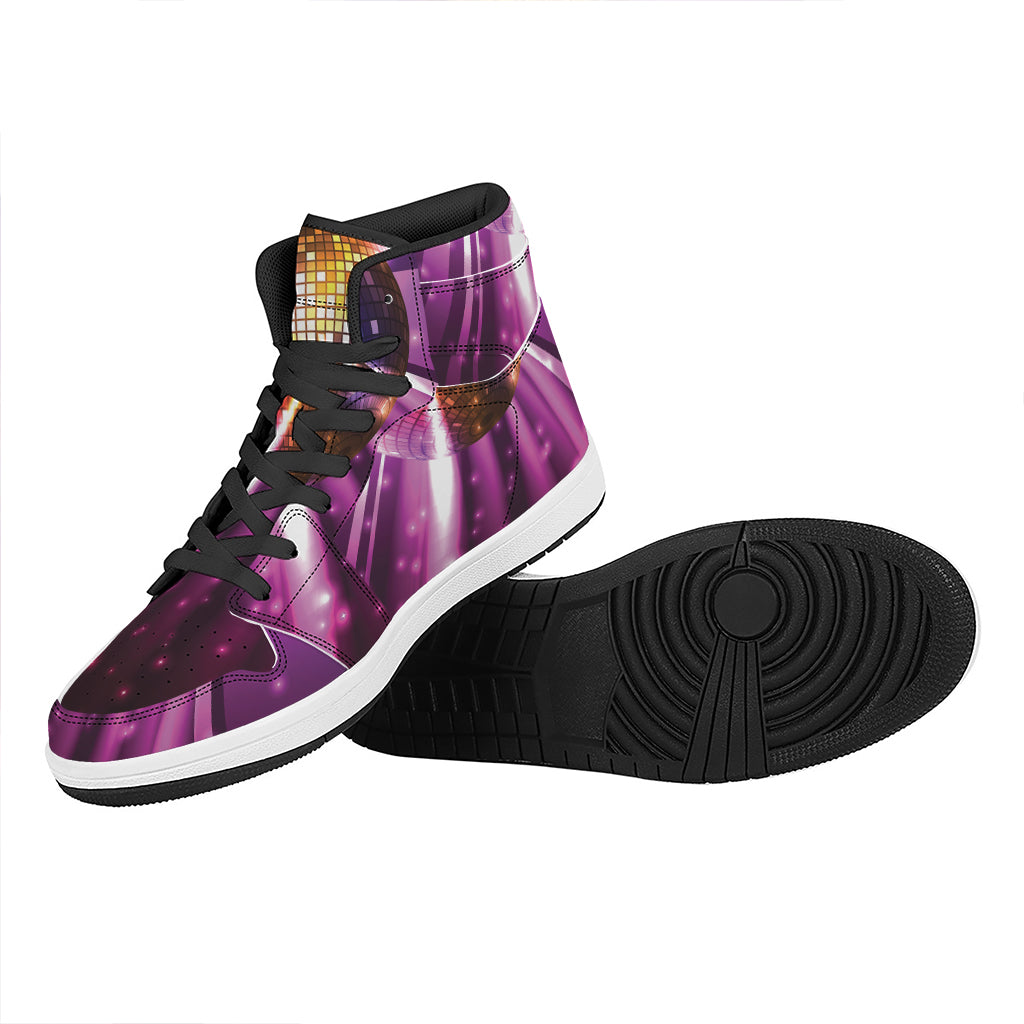 Purple Light Disco Ball Print High Top Leather Sneakers