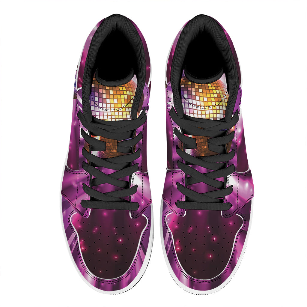 Purple Light Disco Ball Print High Top Leather Sneakers