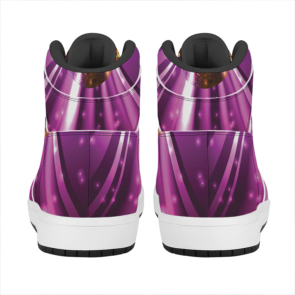 Purple Light Disco Ball Print High Top Leather Sneakers