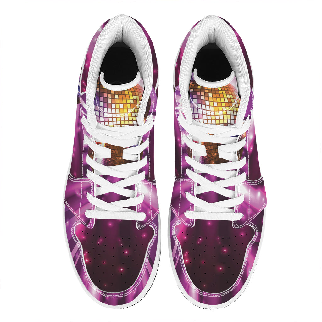 Purple Light Disco Ball Print High Top Leather Sneakers