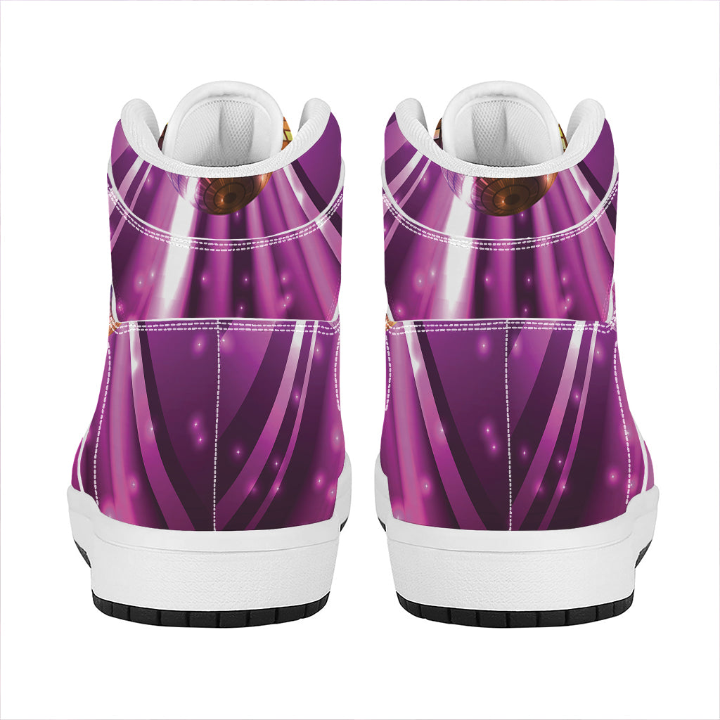 Purple Light Disco Ball Print High Top Leather Sneakers